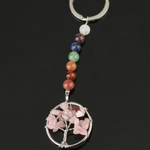 Porte-clés Arbre de Vie 7 Chakras "Tendresse" en Quartz Rose