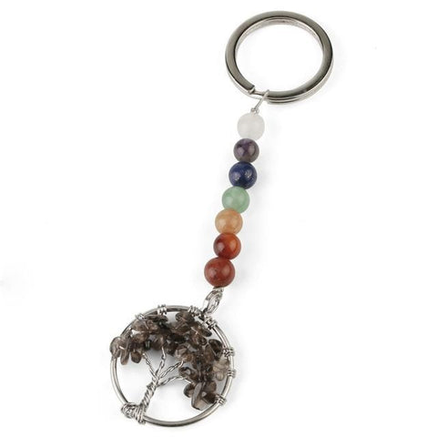 Porte-clés Arbre de Vie 7 Chakras "Calme Émotionnel" en Quartz Fumé