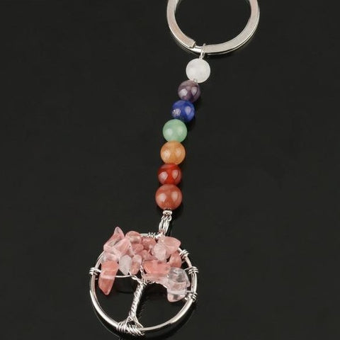 Porte-clés Arbre de Vie 7 Chakras "Apaisement" en Tourmaline Rose